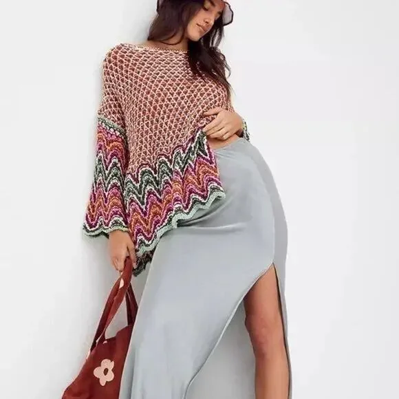 Free People Heatwave Oversized Pullover Cotton Knit Crochet Colorful Sweater - Picture 3 of 13